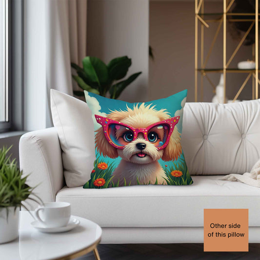 A Shih Tzu Puppy Wearing glasses, Square Accent Pillow, Creamy Coral