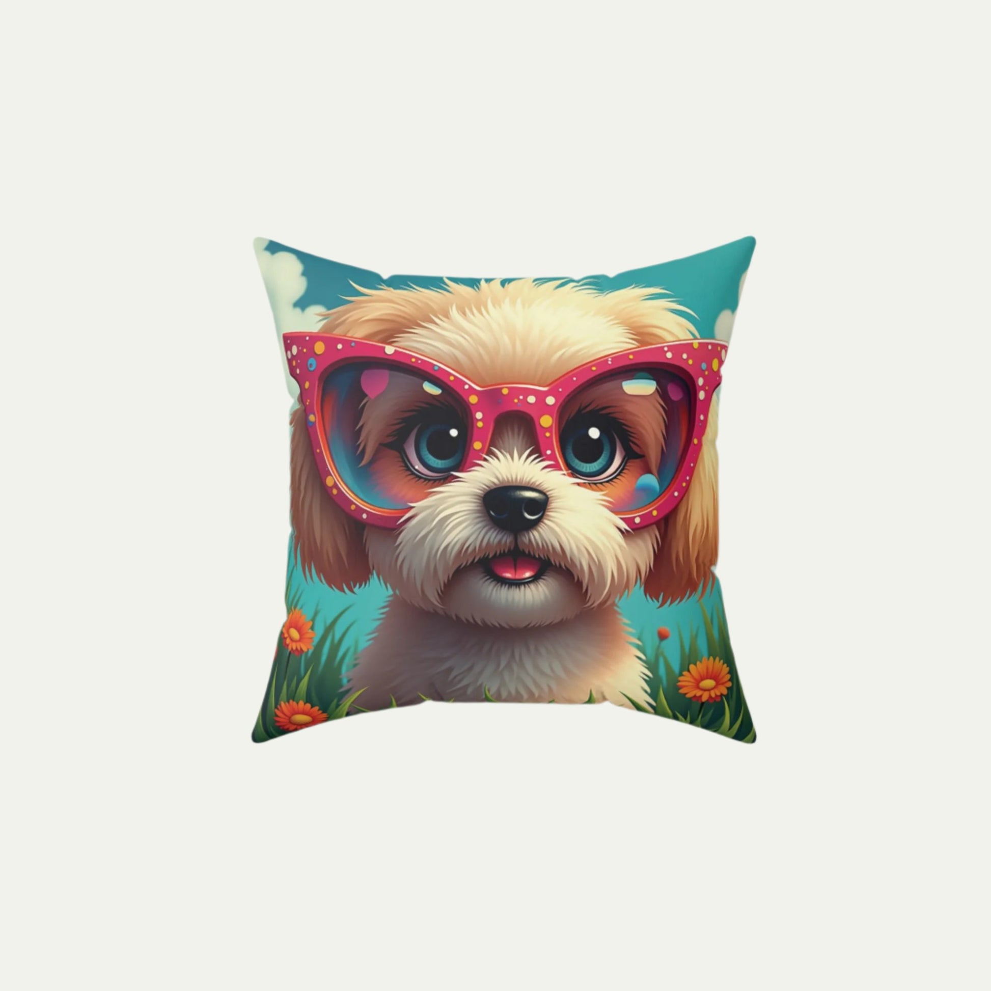 A Shih Tzu Puppy Wearing glasses, Square Accent Pillow, Creamy Coral 14 inch Front 