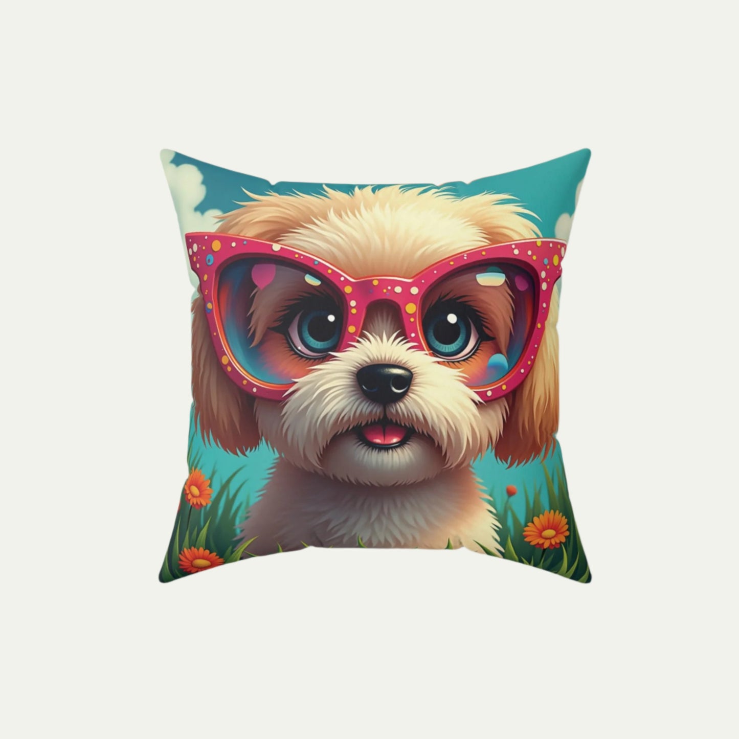 A Shih Tzu Puppy Wearing glasses, Square Accent Pillow, Creamy Coral 16 inch Front