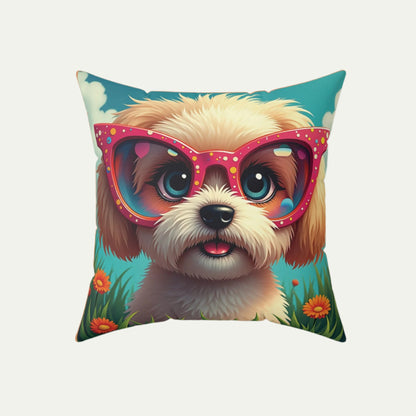 A Shih Tzu Puppy Wearing glasses, Square Accent Pillow, Creamy Coral 18 inch Front