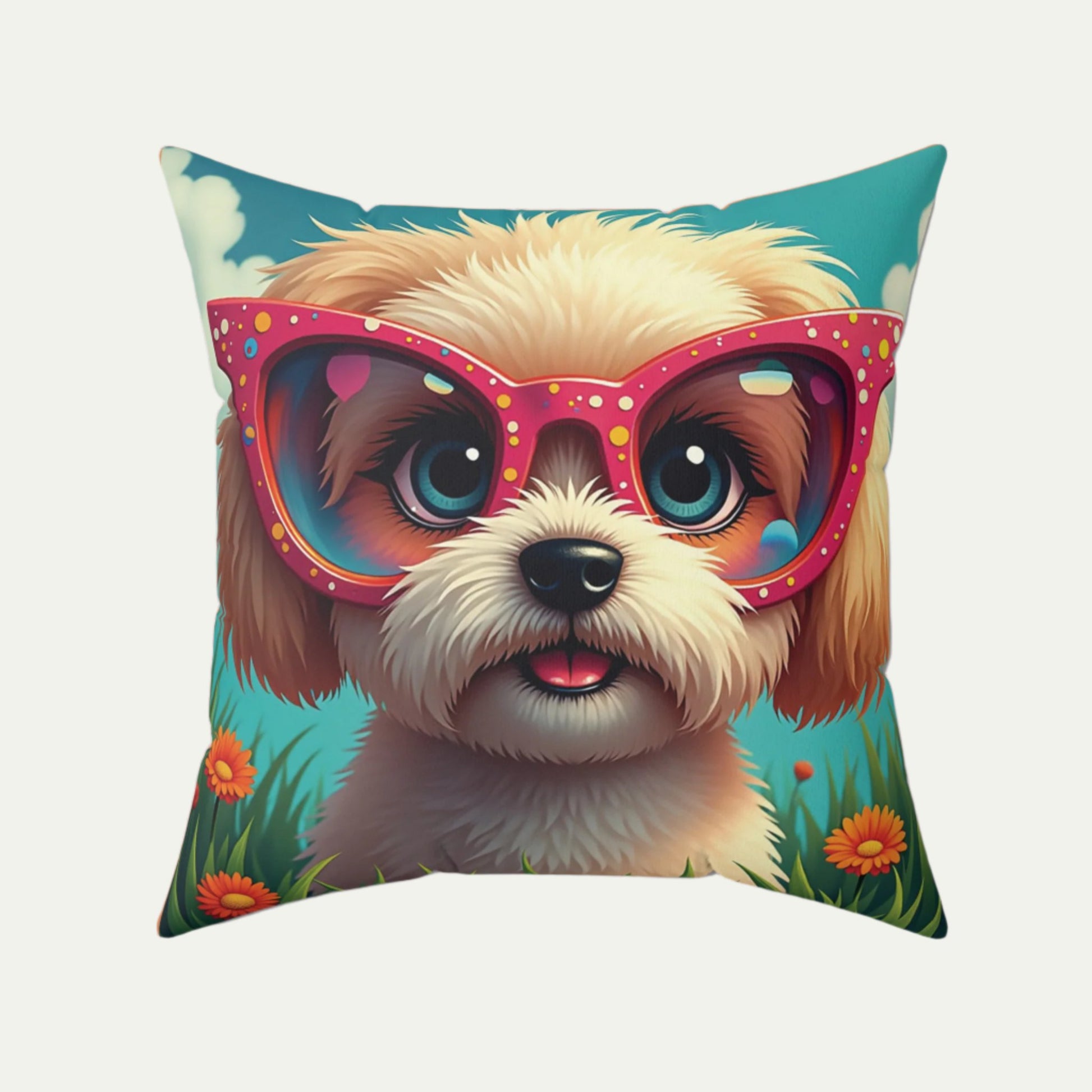 A Shih Tzu Puppy Wearing glasses, Square Accent Pillow, Creamy Coral 20 inch Front