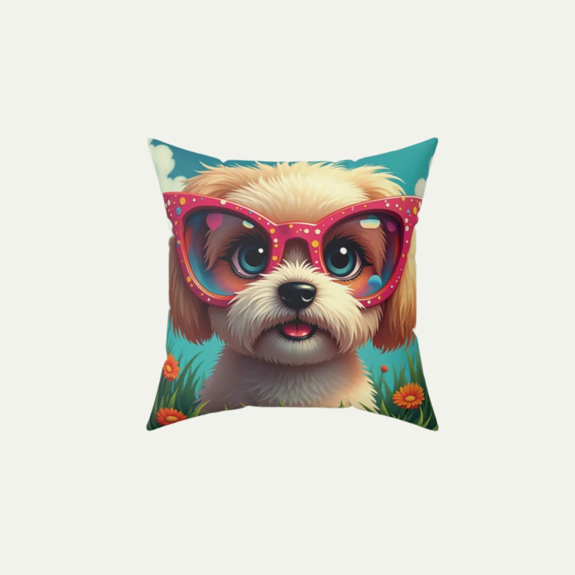 A Shih Tzu Puppy Wearing glasses, Square Accent Pillow, Teal 14 inch Front