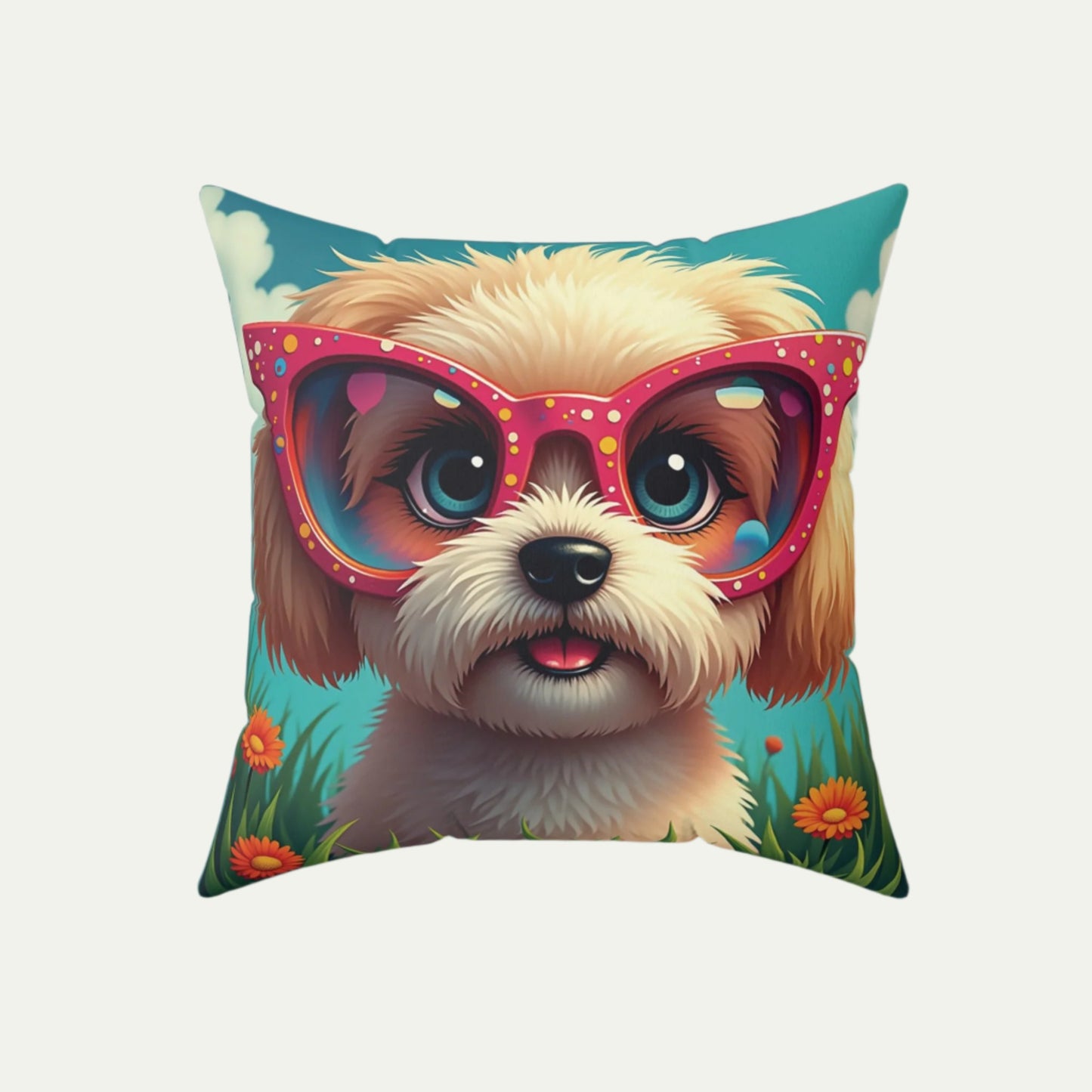 A Shih Tzu Puppy Wearing glasses, Square Accent Pillow, Teal 18 inch Front