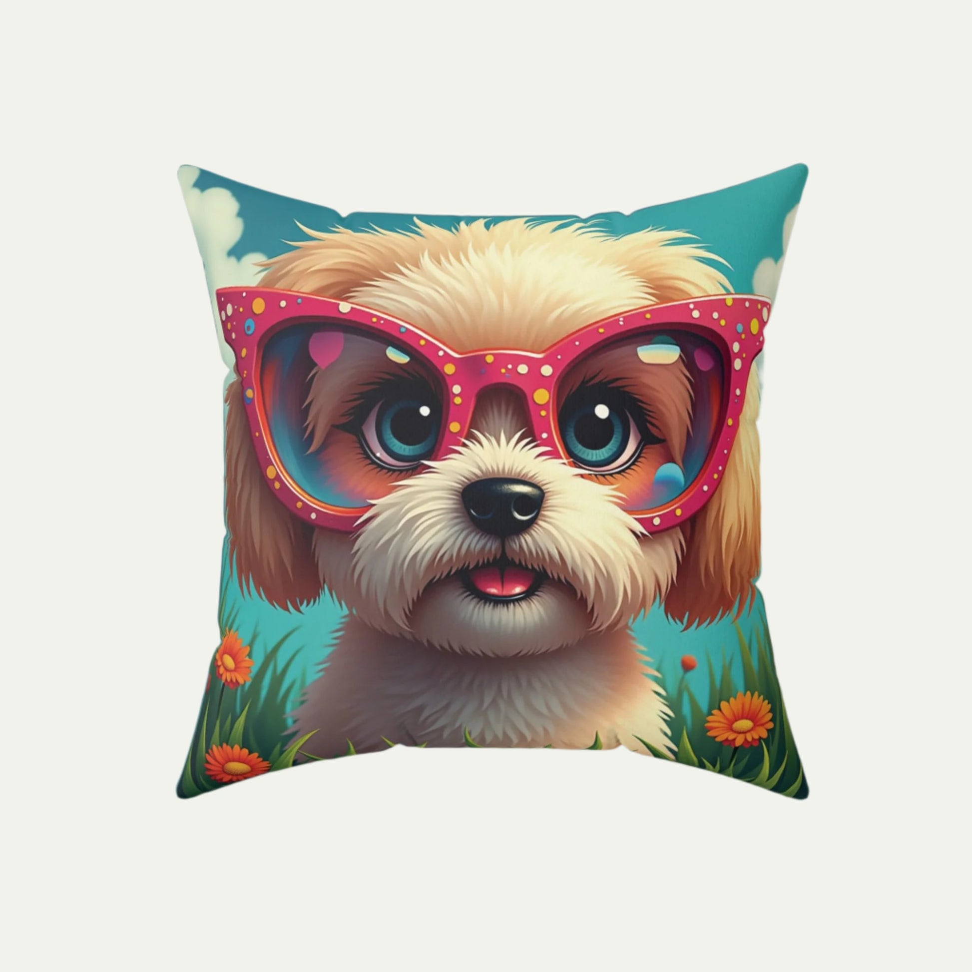 A Shih Tzu Puppy Wearing glasses, Square Accent Pillow, Teal 18 inch Front