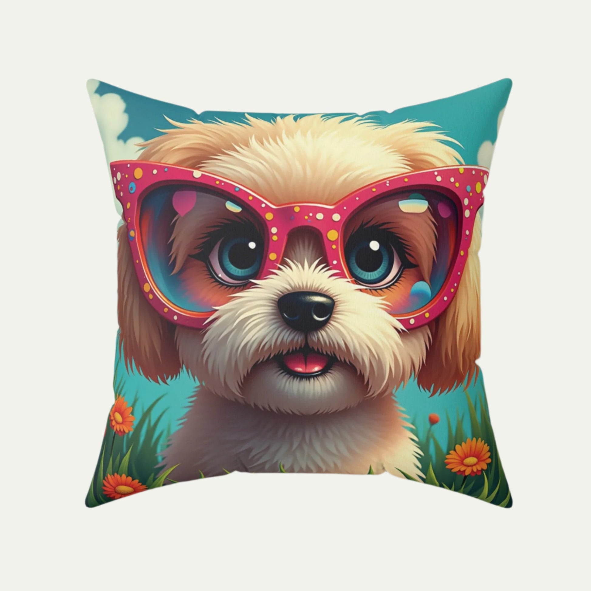 A Shih Tzu Puppy Wearing glasses, Square Accent Pillow, Teal 20 inch Front
