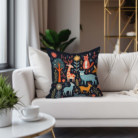 A Square Throw Pillow, Whimsical Wildlife in a Fairyland. Folk Art Style, Black Background 20 inch context