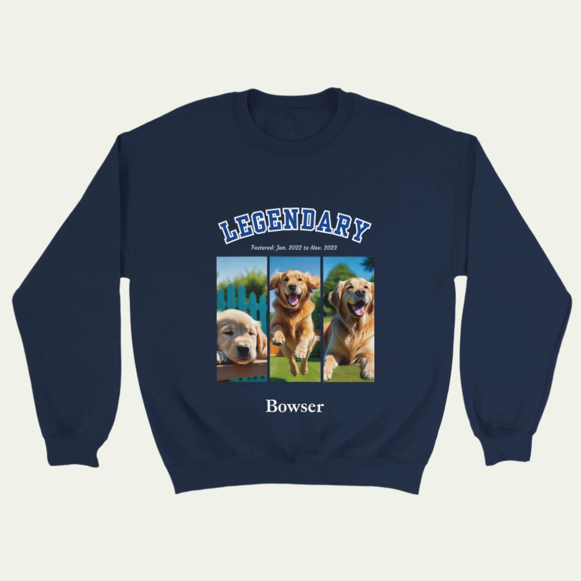 American College Varsity Design Custom 3 Pet Photos Sweat Shirt – Celebrate Your Furry Friend - front Navy
