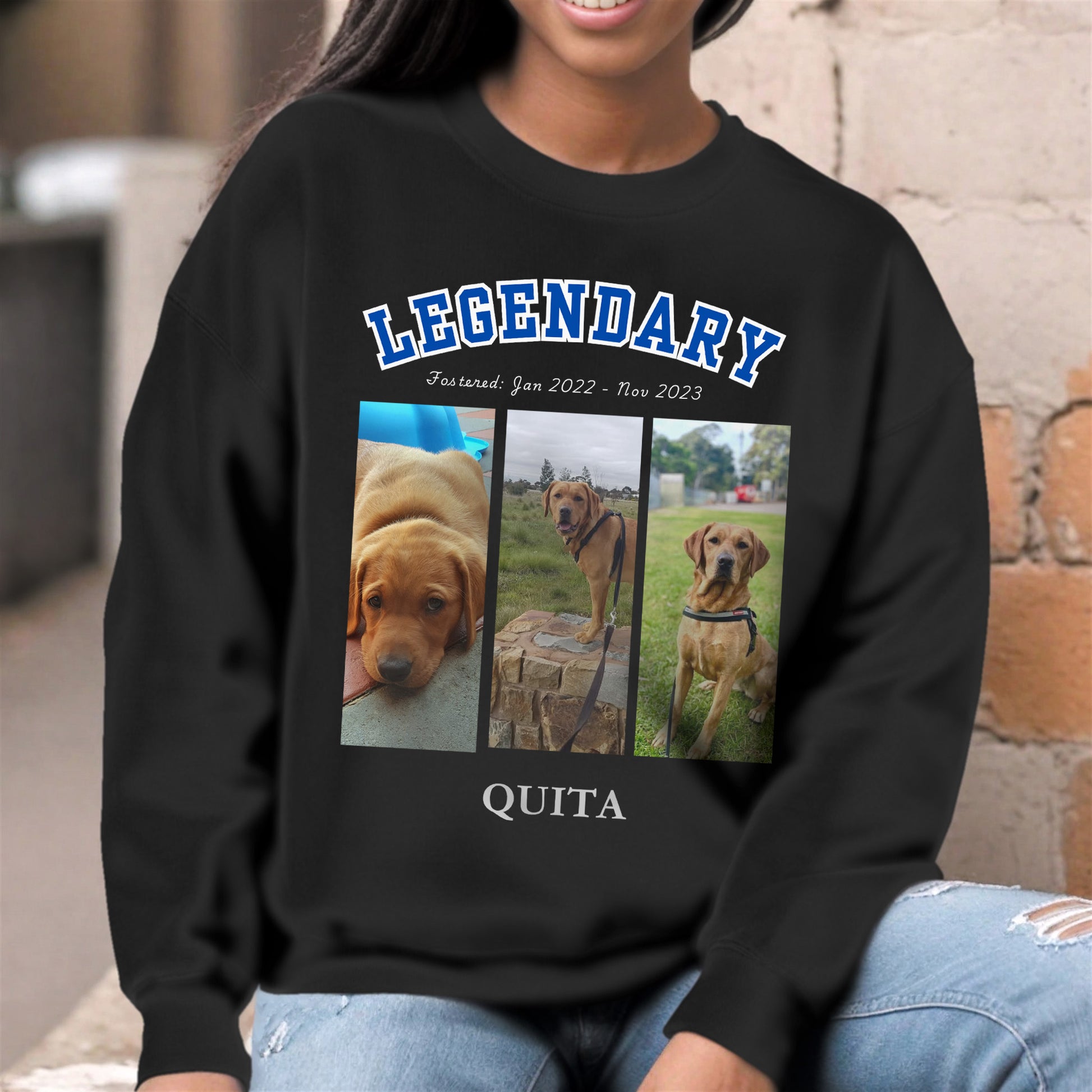 American College Varsity Design Custom 3 Pet Photos Sweatshirt – Celebrate Your Furry Friend black context