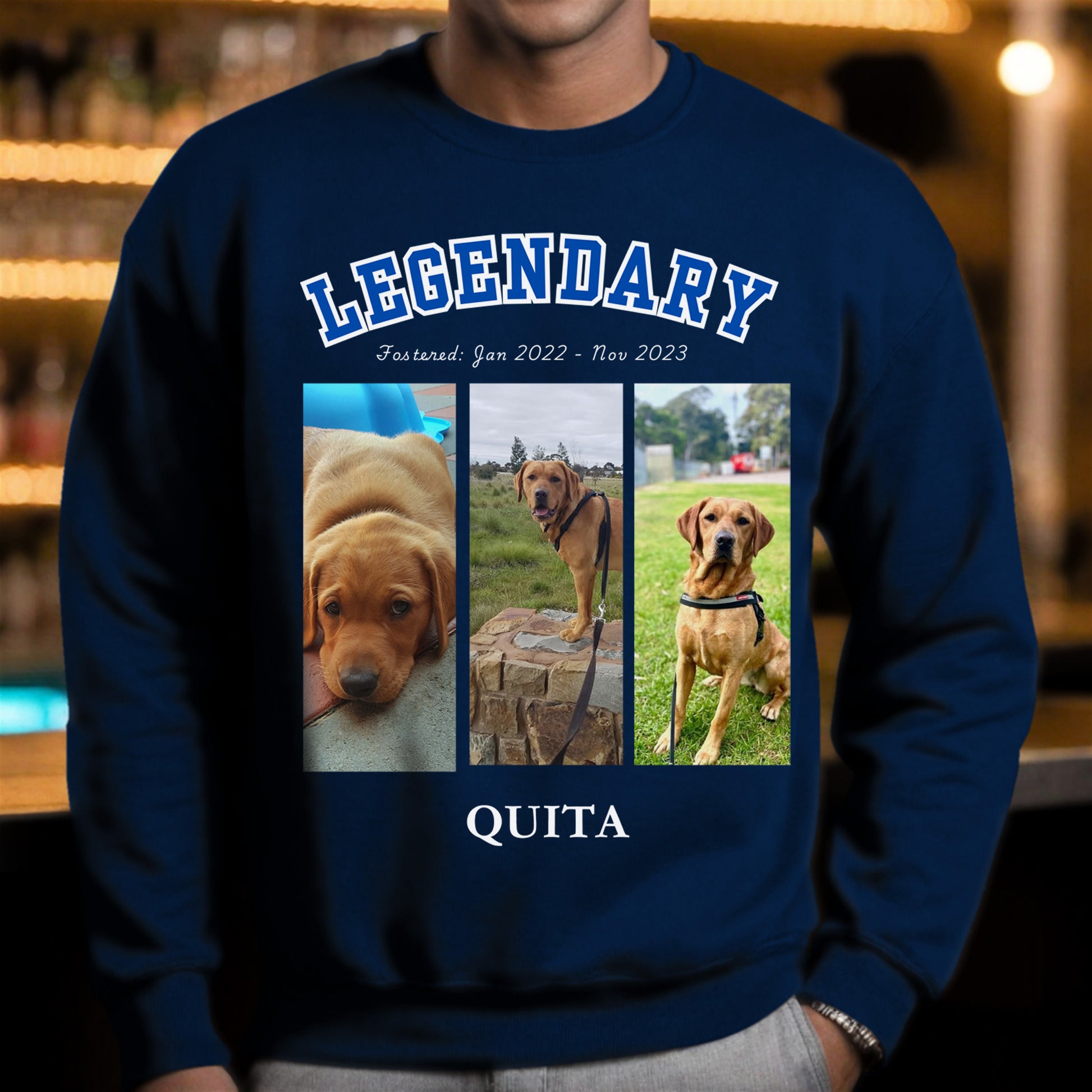 American College Varsity Design Custom 3 Pet Photos Sweatshirt – Celebrate Your Furry Friend Navy context