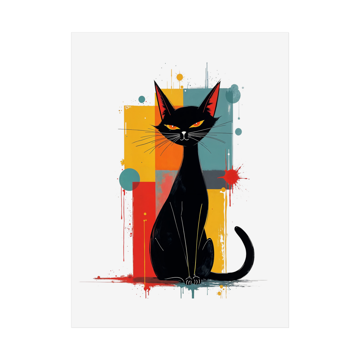 Colorful abstract design background with black cat  in Mid-Century Atomic Aesthetic foreground