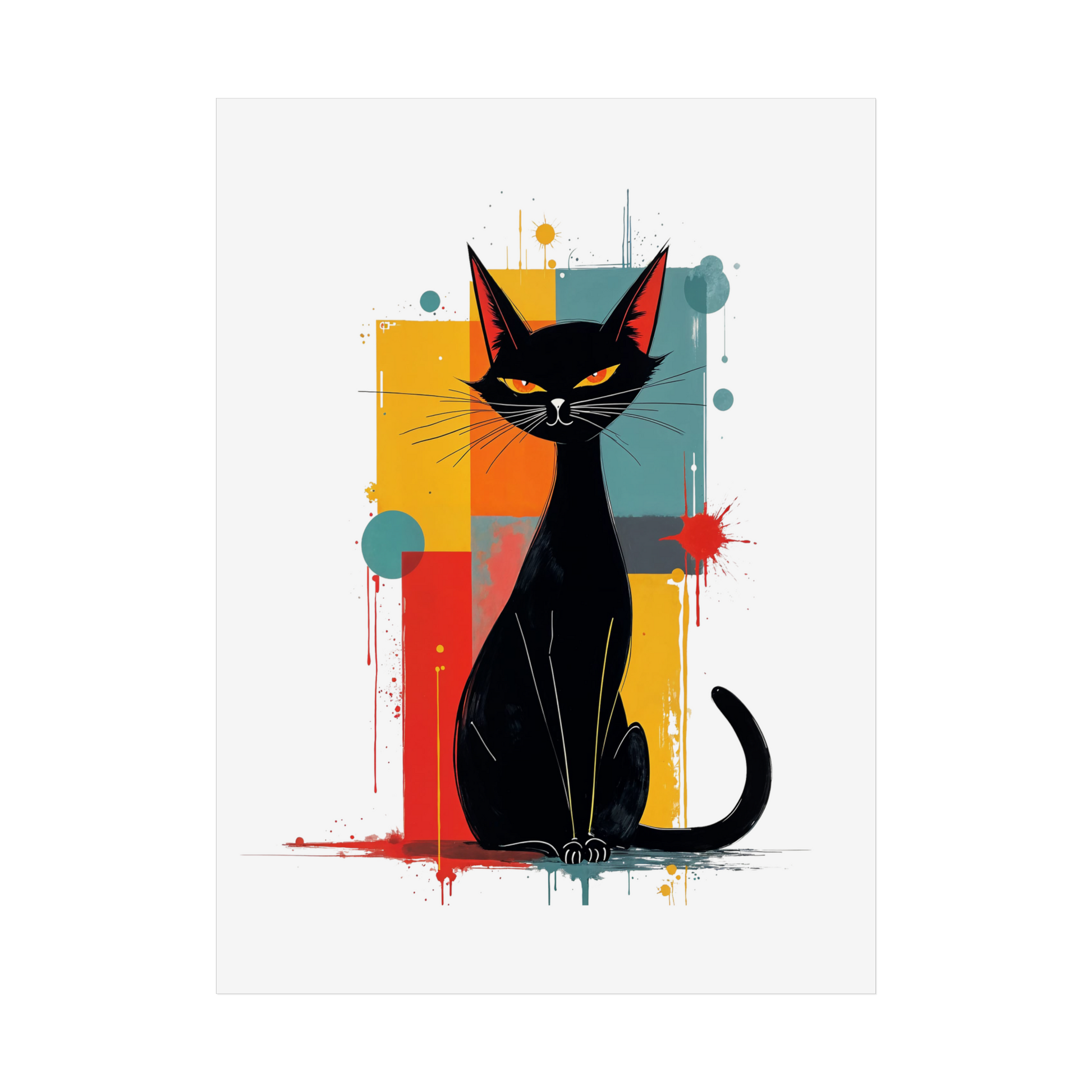 Colorful abstract design background with black cat  in Mid-Century Atomic Aesthetic foreground