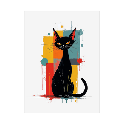 Colorful abstract design background with black cat  in Mid-Century Atomic Aesthetic foreground
