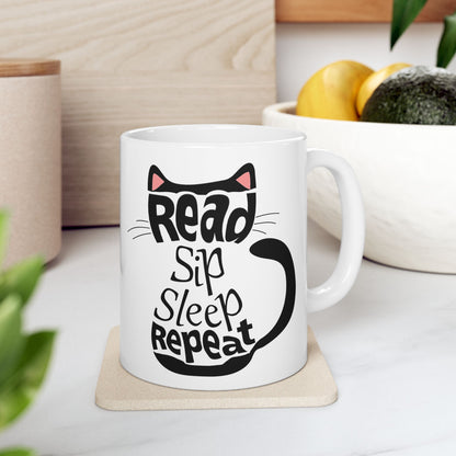 Black Cat Aesthetic Ceramic Mug - "Read, Sleep, Repeat" - Book Quote context 1
