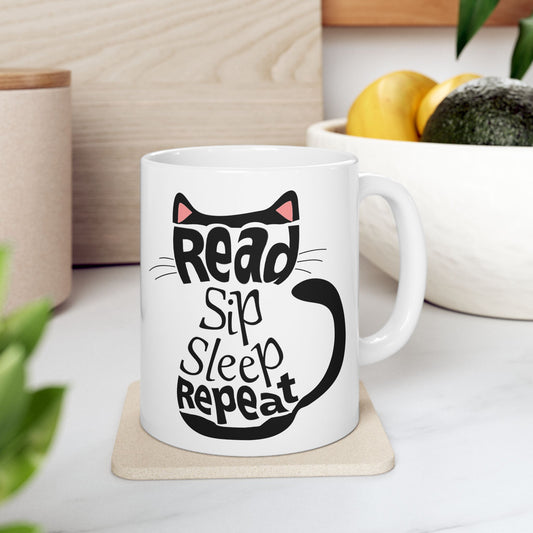 Black Cat Aesthetic Ceramic Mug - "Read, Sleep, Repeat" - Book Quote context 1