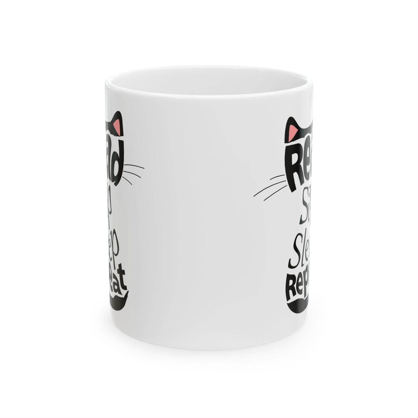 Black Cat Aesthetic Ceramic Mug - "Read, Sleep, Repeat" - Book Quote context 11 oz handle away from viewer