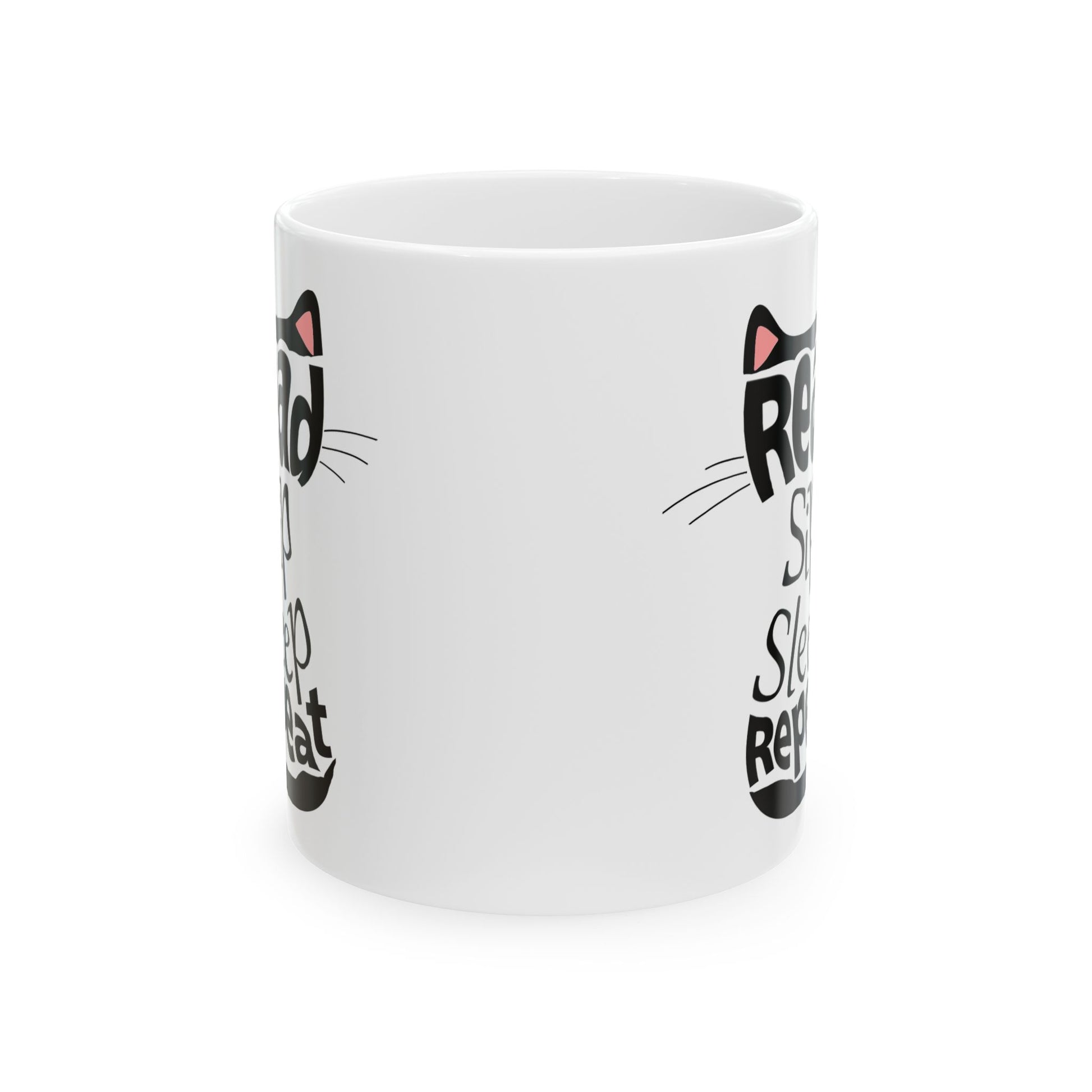 Black Cat Aesthetic Ceramic Mug - "Read, Sleep, Repeat" - Book Quote context 11 oz handle away from viewer
