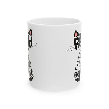 Black Cat Aesthetic Ceramic Mug - "Read, Sleep, Repeat" - Book Quote context 11 oz handle away from viewer