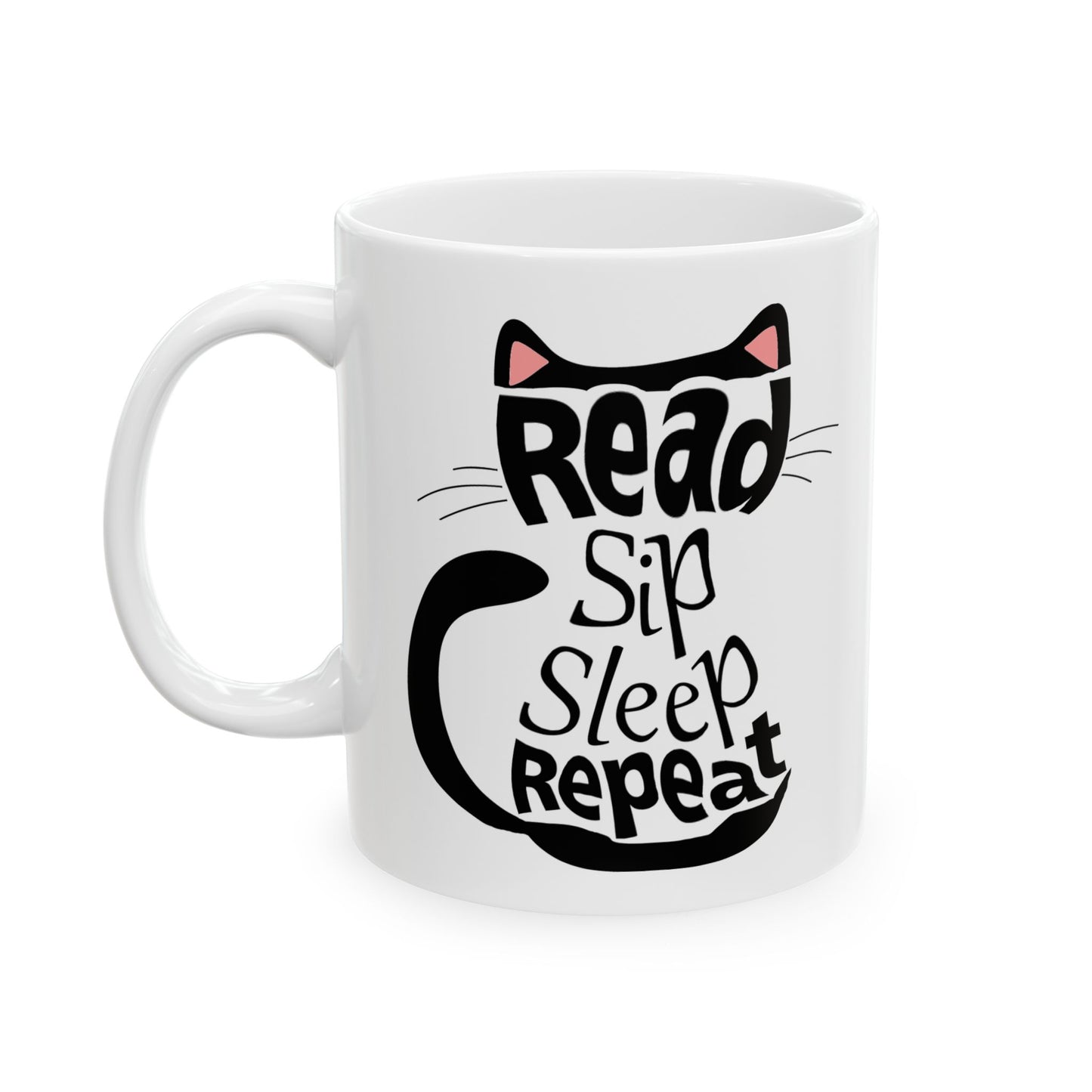 Black Cat Aesthetic Ceramic Mug - "Read, Sleep, Repeat" - Book Quote context 11 oz handle on left