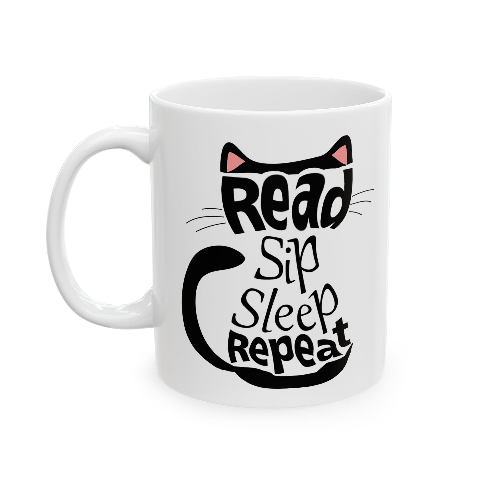 Black Cat Aesthetic Ceramic Mug - "Read, Sleep, Repeat" - Book Quote context 11 oz handle on left