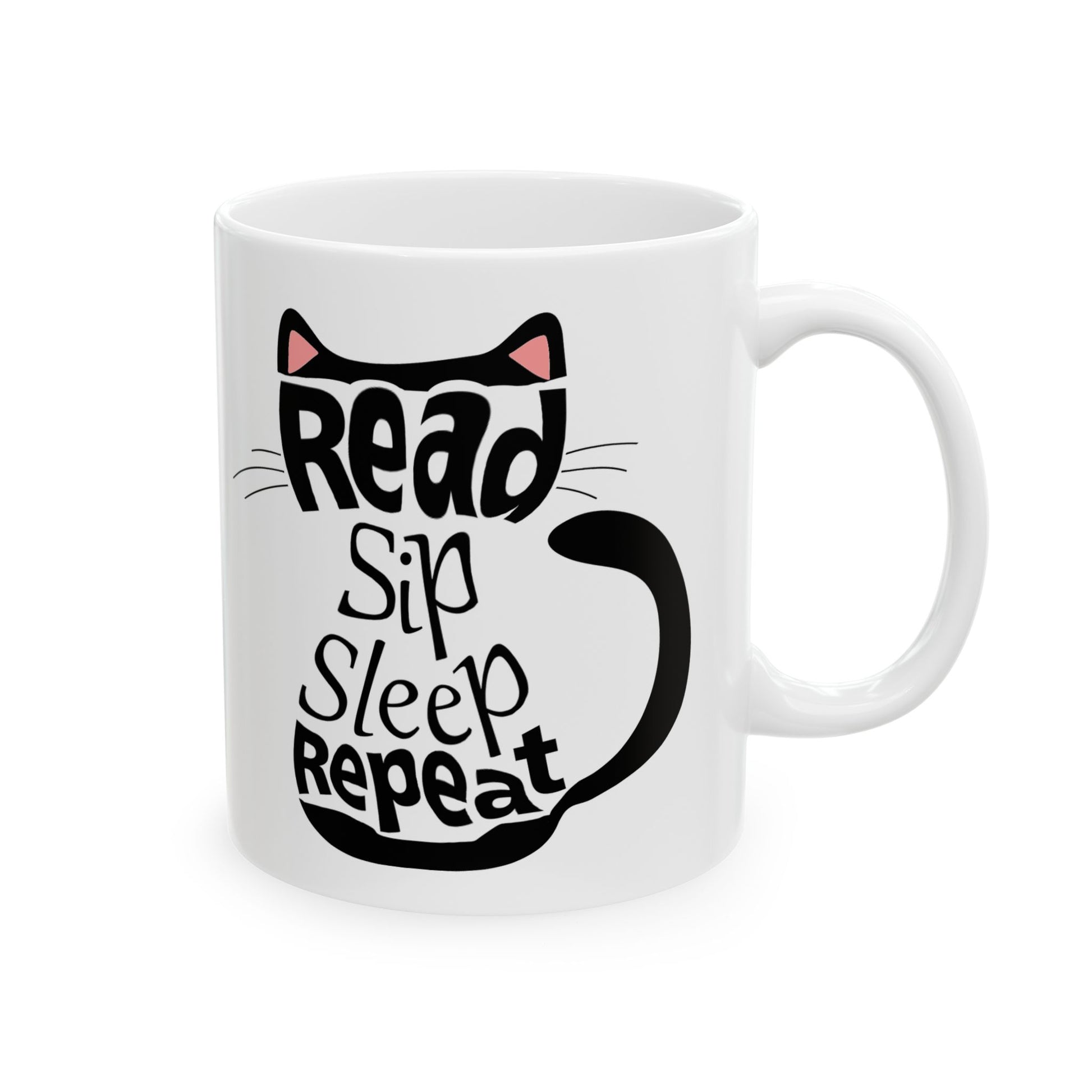 Black Cat Aesthetic Ceramic Mug - "Read, Sleep, Repeat" - Book Quote context 11 oz handle on right