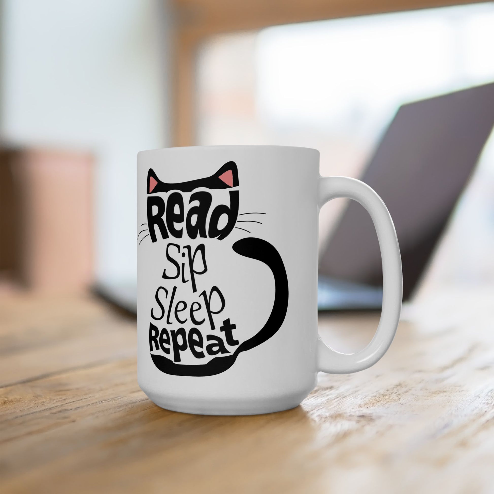 Black Cat Aesthetic Ceramic Mug - "Read, Sleep, Repeat" - Book Quote context 15 oz