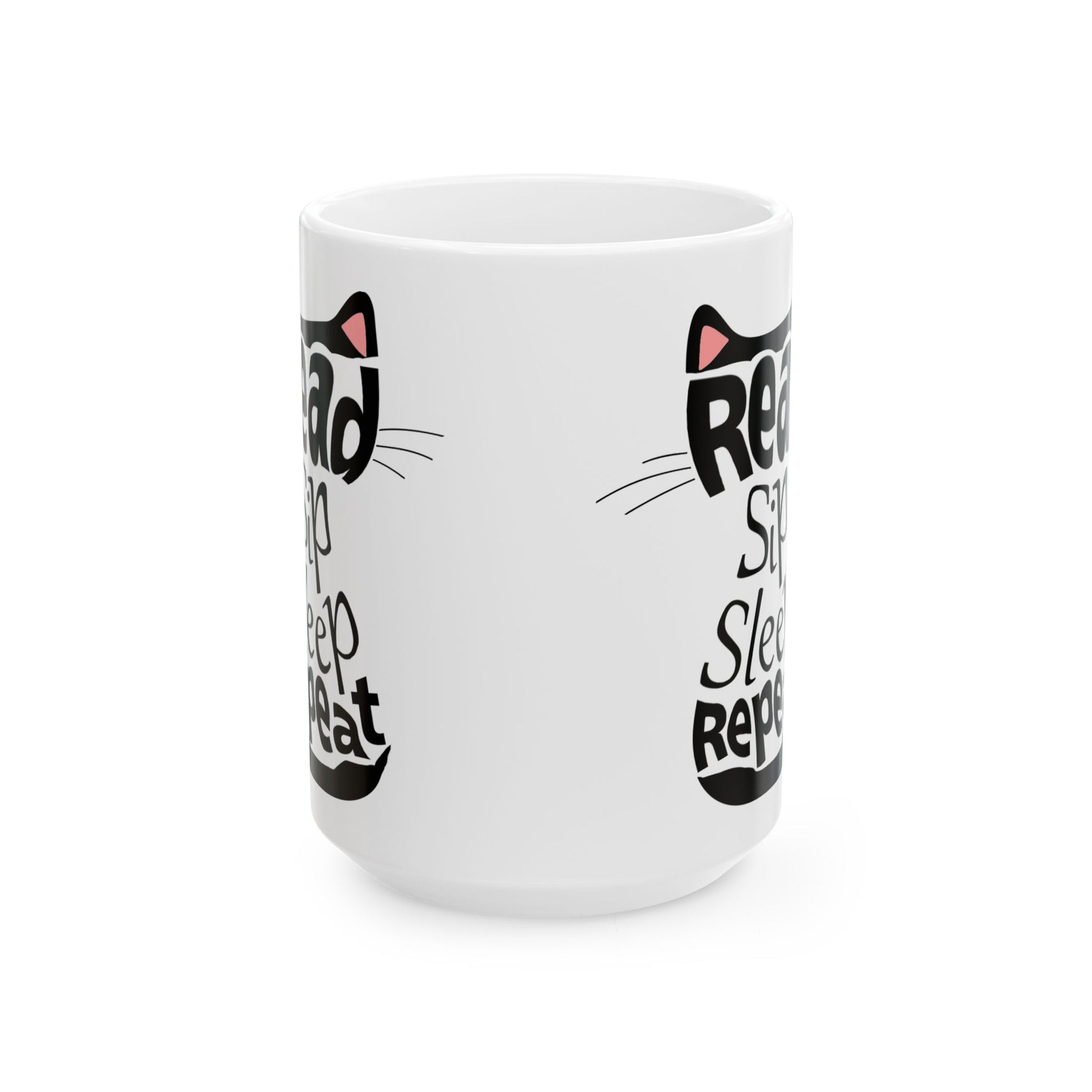 Black Cat Aesthetic Ceramic Mug - "Read, Sleep, Repeat" - Book Quote context 15 oz handle away from viewer