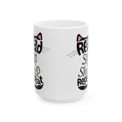 Black Cat Aesthetic Ceramic Mug - "Read, Sleep, Repeat" - Book Quote context 15 oz handle away from viewer