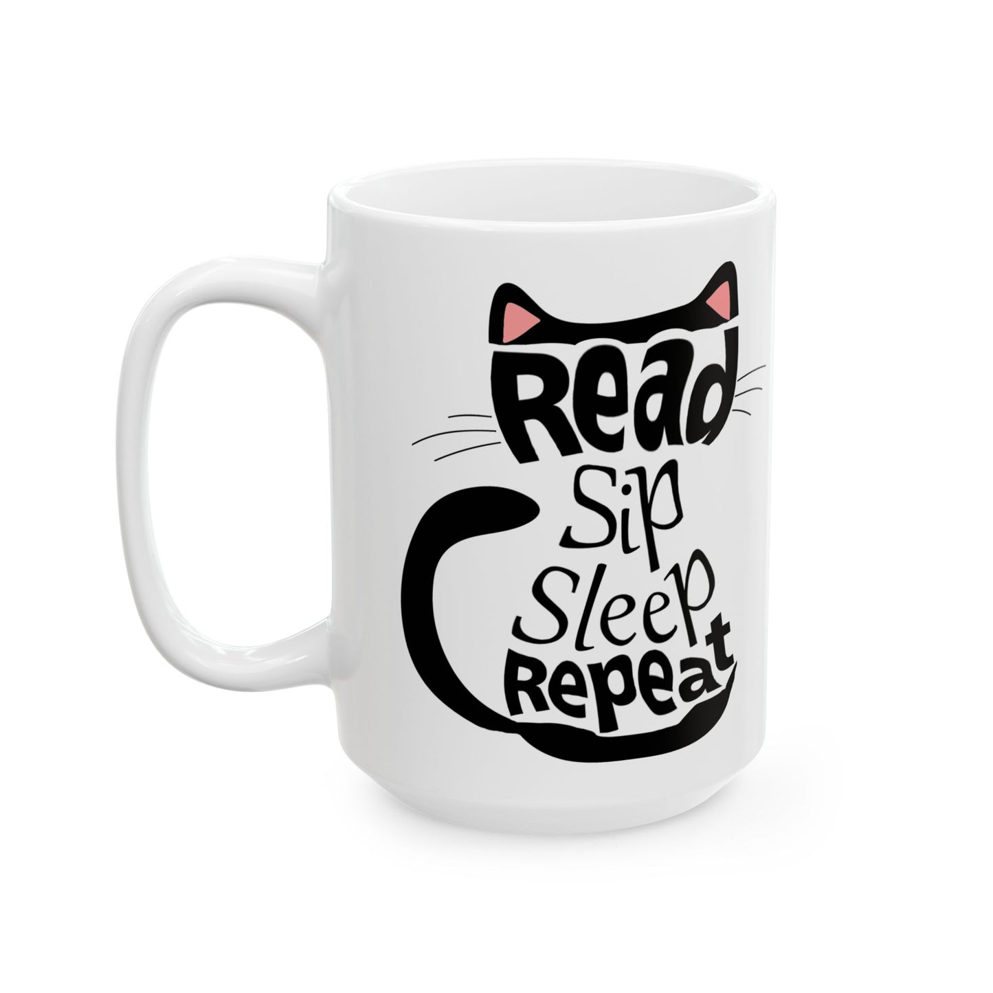 Black Cat Aesthetic Ceramic Mug - "Read, Sleep, Repeat" - Book Quote context 15 oz handle on left