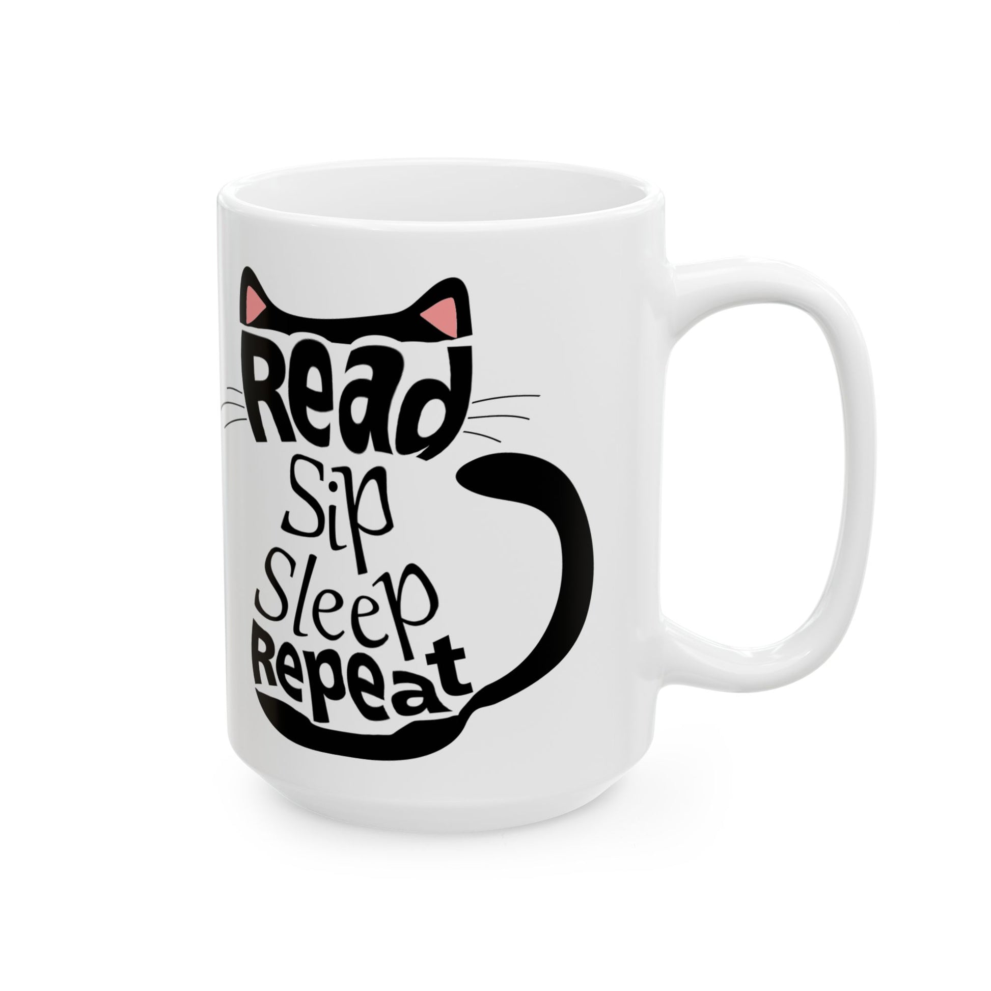 Black Cat Aesthetic Ceramic Mug - "Read, Sleep, Repeat" - Book Quote context 15 oz handle on right