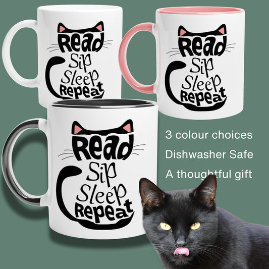 Three color inside mugs with 'Read Sip Sleep Repeat' text inside a black cat shape. A cat under text indicating color choices, and dishwasher safe.