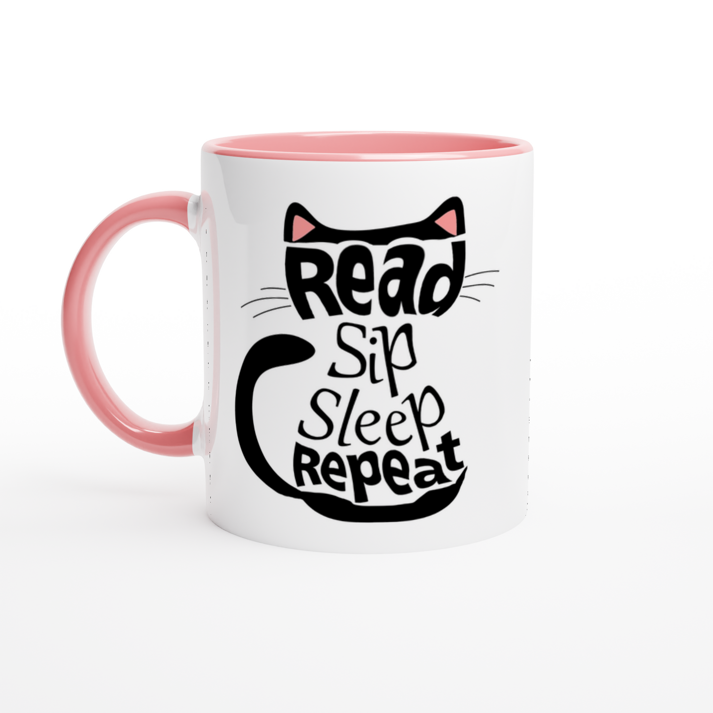 Black Cat Aesthetic Ceramic Mug Bookish Coffee Mug pink handle on white background