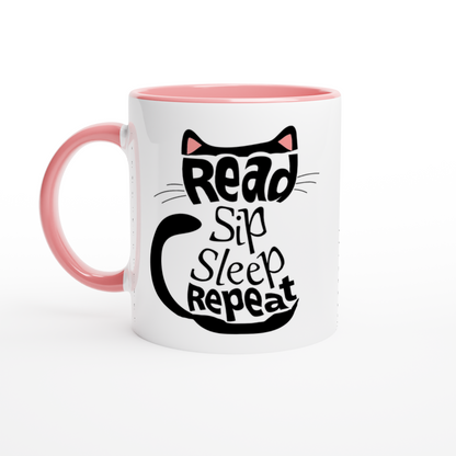 Black Cat Aesthetic Ceramic Mug Bookish Coffee Mug pink handle on white background