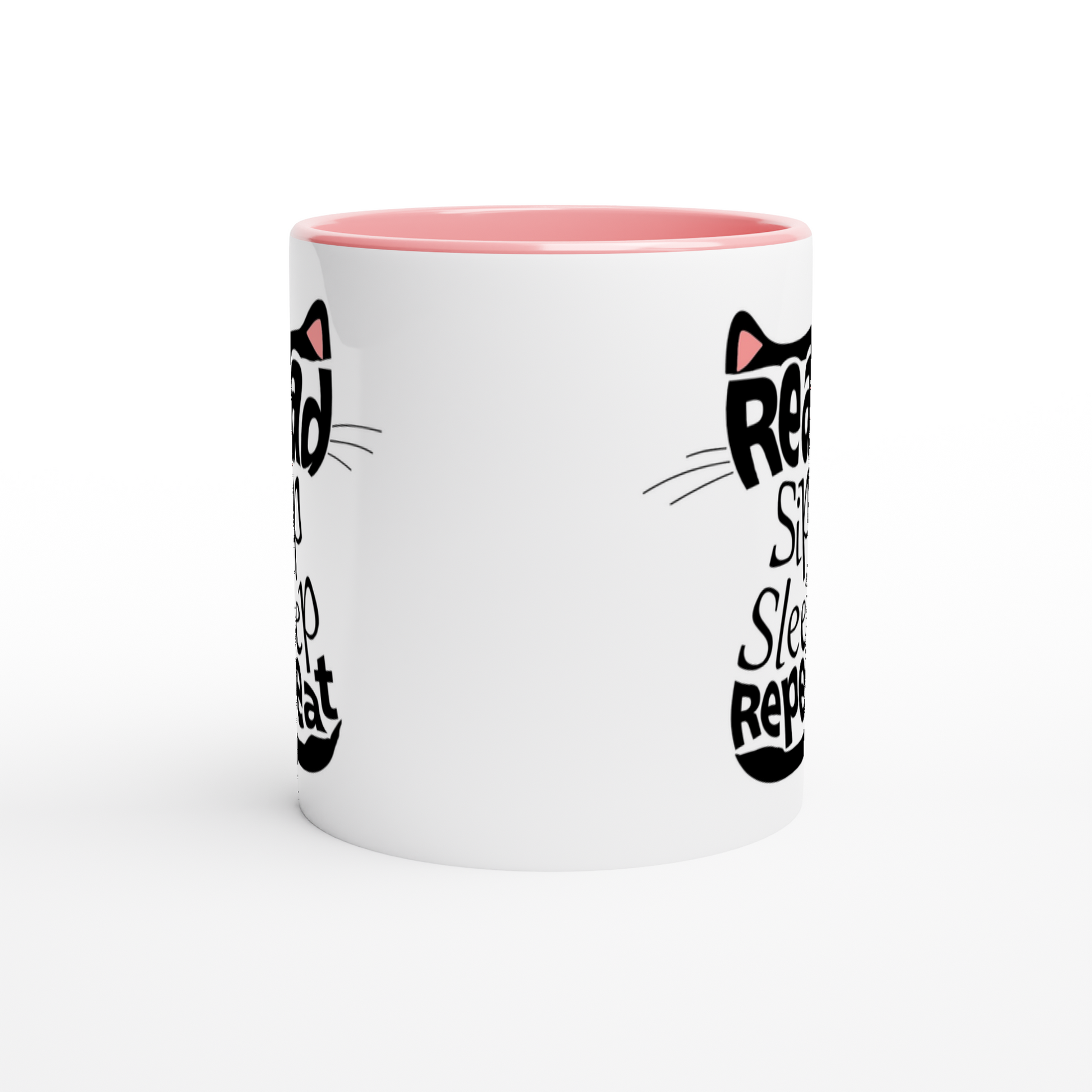 Black Cat Aesthetic white 11-oz Ceramic Mug Bookish Coffee Mug with pink colour inside handle away from viewer white background