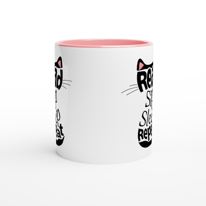 Black Cat Aesthetic white 11-oz Ceramic Mug Bookish Coffee Mug with pink colour inside handle away from viewer white background