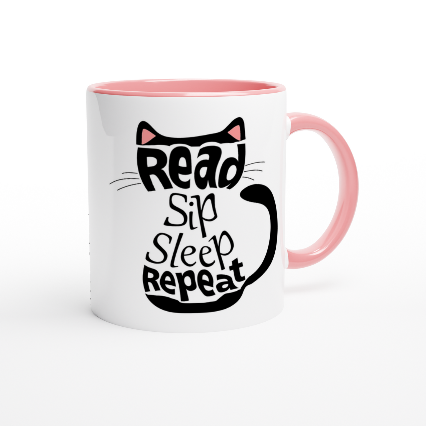 Black Cat Aesthetic white 11-oz Ceramic Mug Bookish Coffee Mug with pink colour inside handle on the right white background