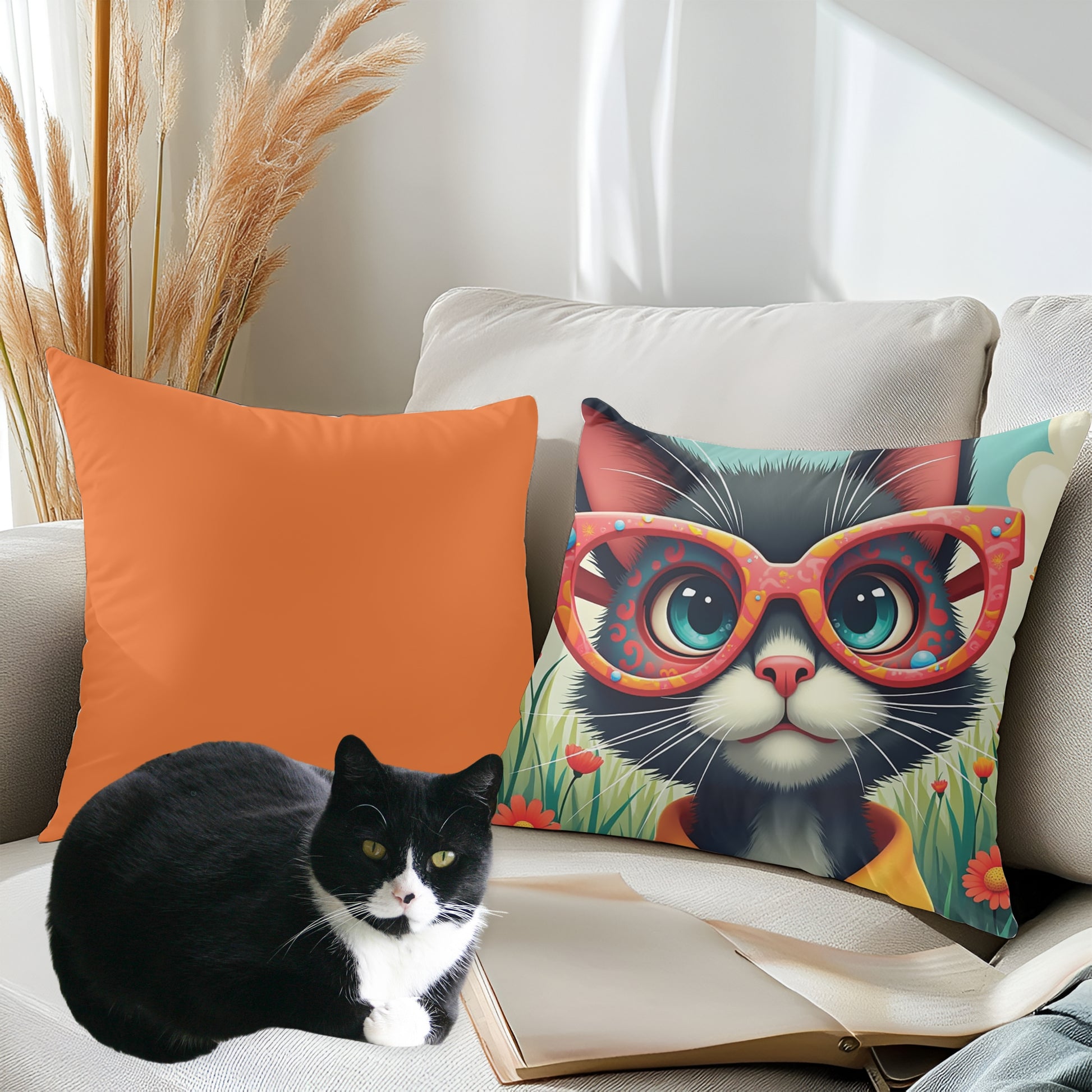 Cat sitting on a couch with an orange pillow and a decorative pillow with a tuxedo cat wearing glasses.
