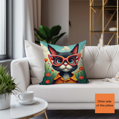 Decorative pillow with a tuxedo cat design wearing glasses on a white couch.