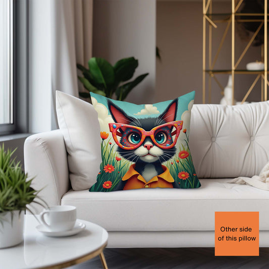 Decorative pillow with a tuxedo cat design wearing glasses on a white couch.
