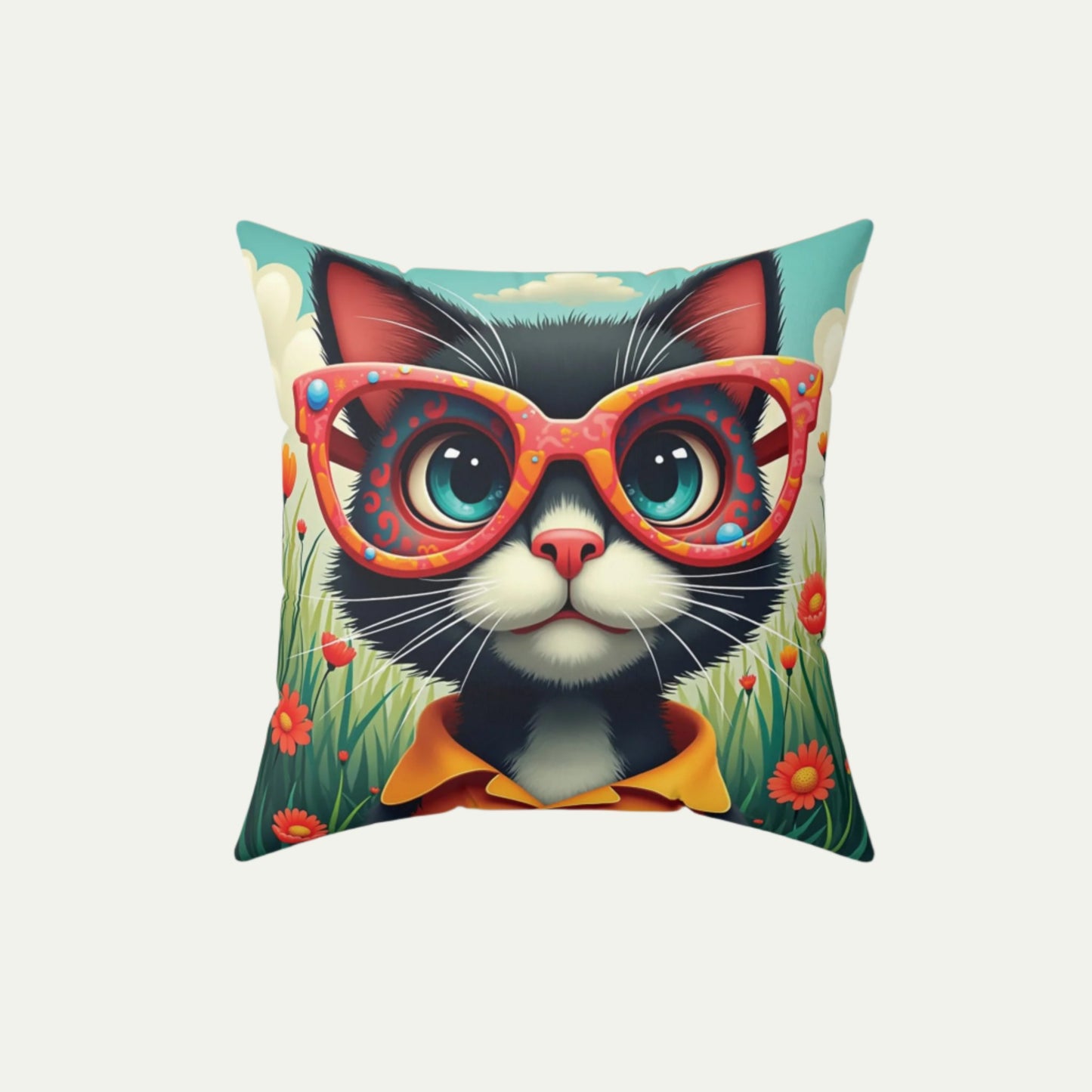 Black Cat Square Accent Pillow, Outlandish Orange font 16 inch