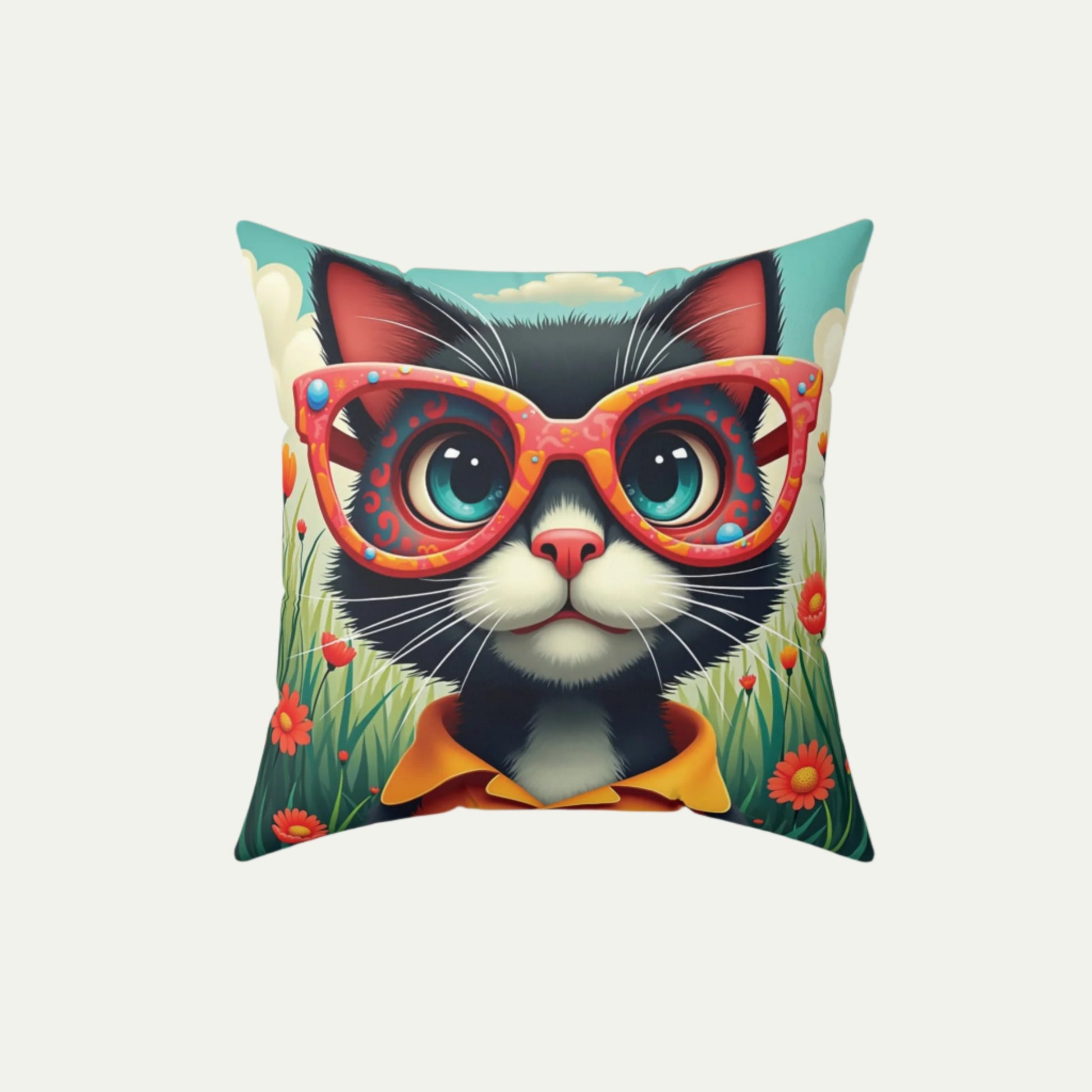 Black Cat Square Accent Pillow, Outlandish Orange font 16 inch