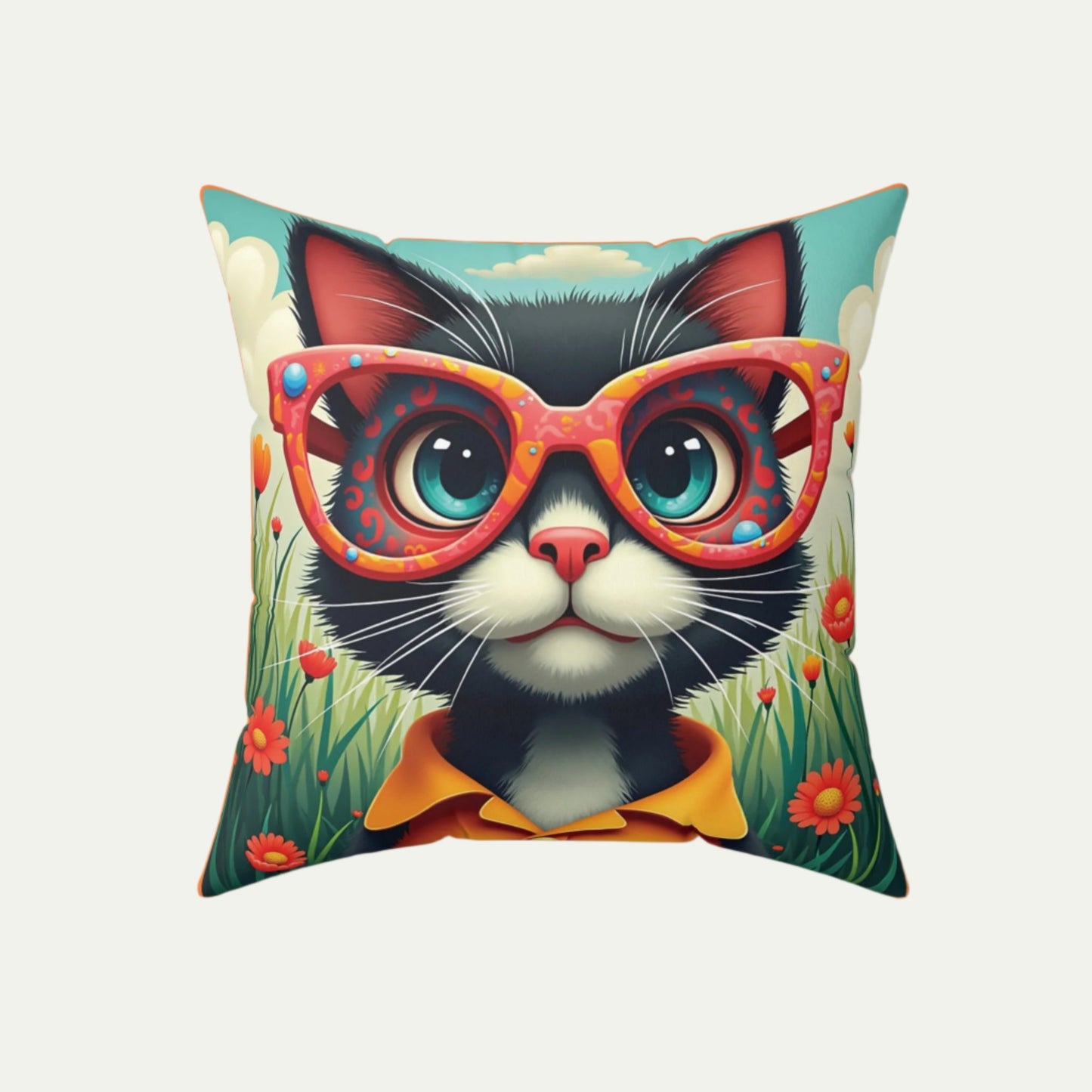 Black Cat Square Accent Pillow, Outlandish Orange font 18 inch