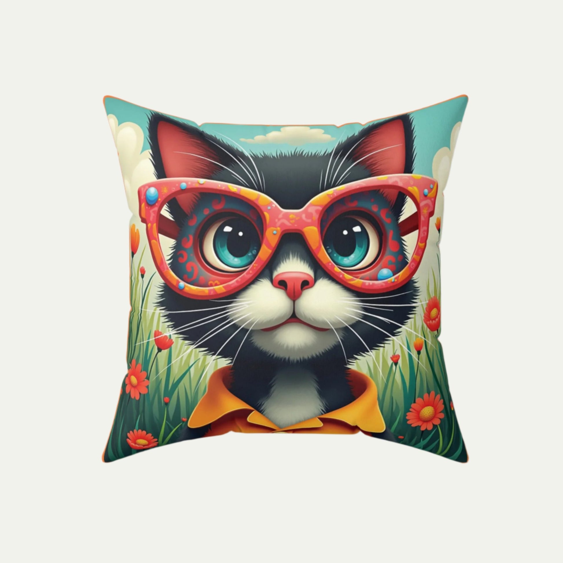 Black Cat Square Accent Pillow, Outlandish Orange font 18 inch