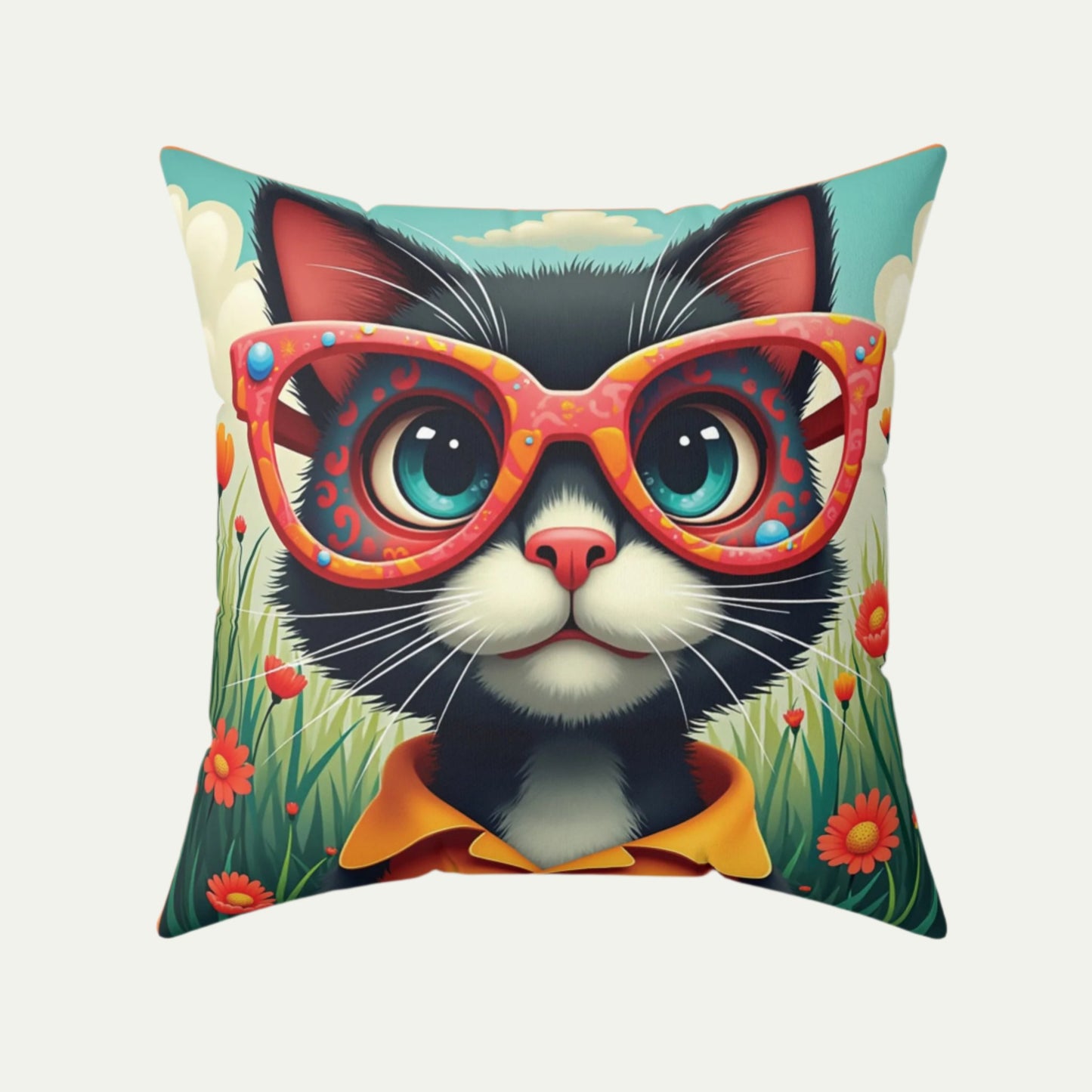 Black Cat Square Accent Pillow, Outlandish Orange font 20 inch