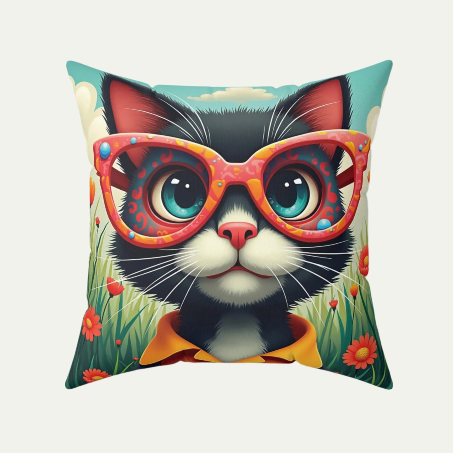 Black Cat Square Accent Pillow, Sky Blue 20 inch Front
