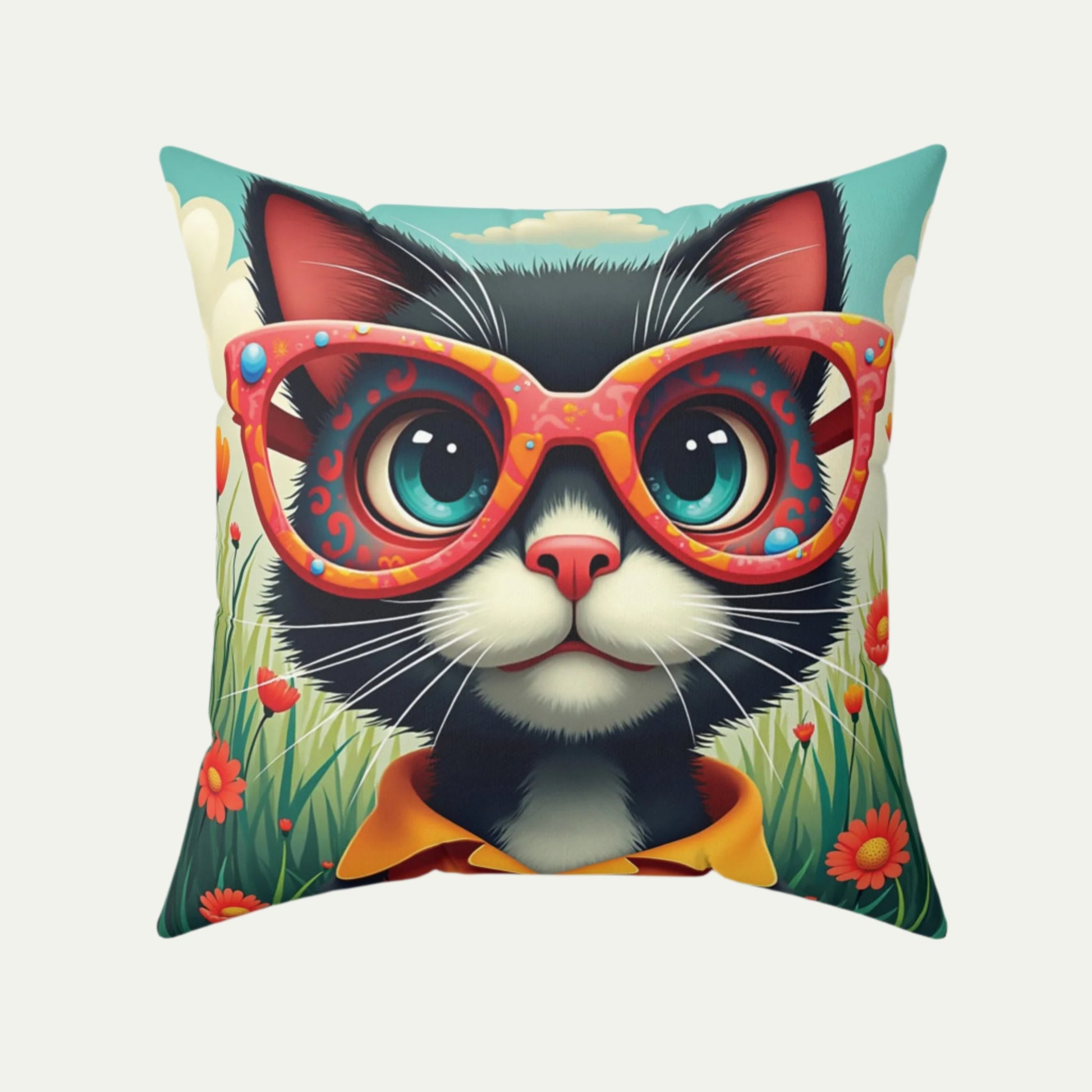 Black Cat Square Accent Pillow, Sky Blue 20 inch Front