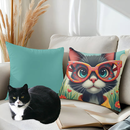Black Cat Wearing Glases, Square Accent Pillow, Sky Blue