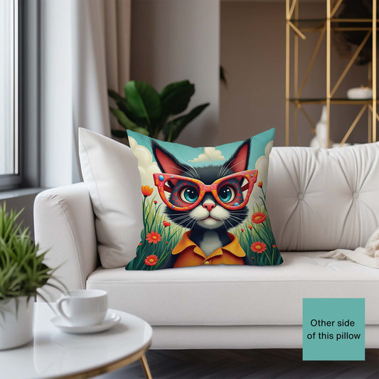 Black Cat Wearing Glases, Square Accent Pillow, Sky Blue
