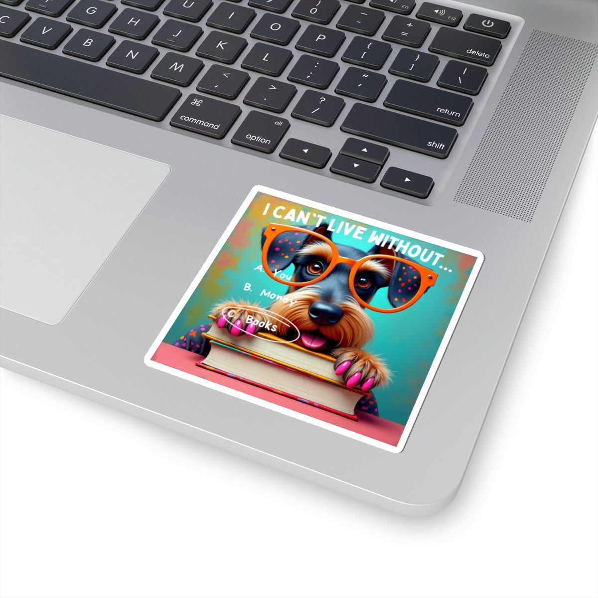 Bookish Schnauzer Lovers Kiss-Cut Stickers - "I Can't Live Without... Books!" context