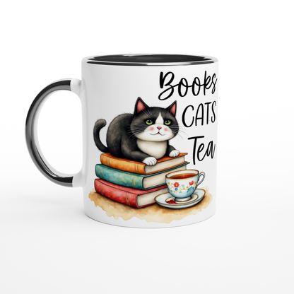 Books, Cats, Tea Ceramic 11 oz Novelty Mug black inside and on handle