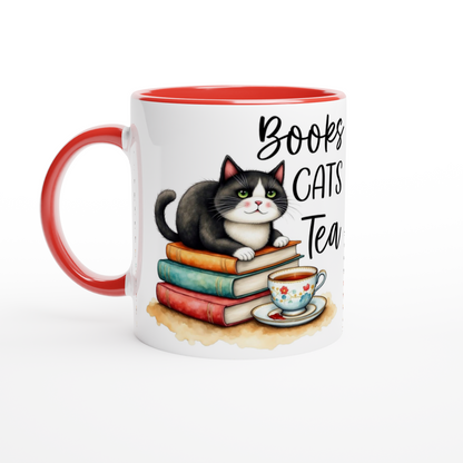 Books, Cats, Tea Ceramic 11 oz Novelty Mug red inside and on handle
